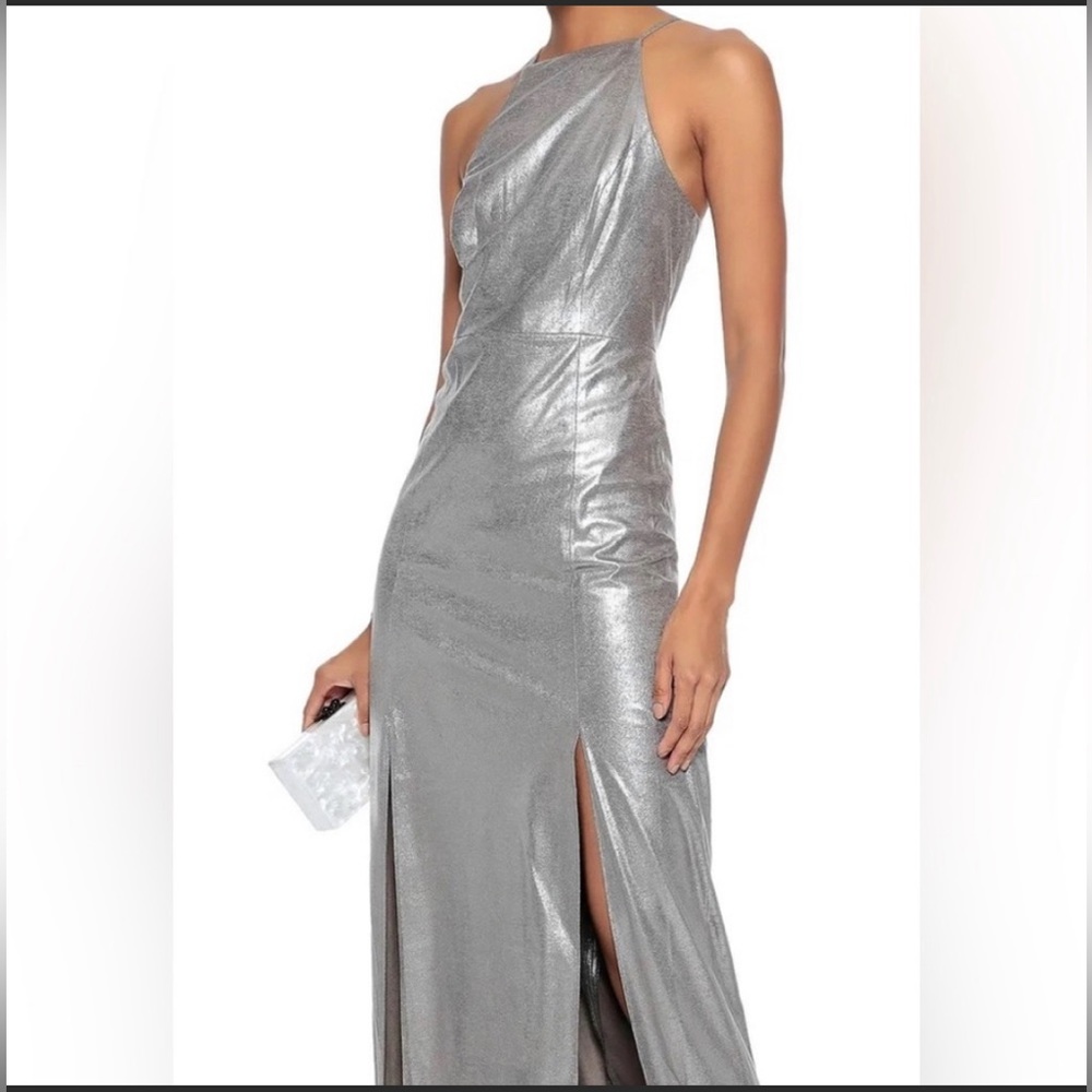 Halston Silver Faux Suede Metallic High Slit Formal
